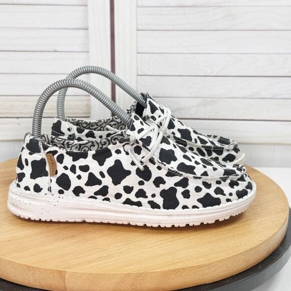 Hey Dude Wendy Milky Way Cow Print Canvas Slip On Shoes White Black Womens 6 - Picture 1 of 12